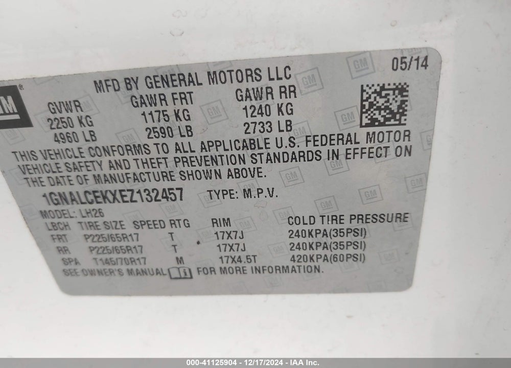 2014 CHEVROLET EQUINOX 2LT VIN: 1GNALCEKXEZ132457