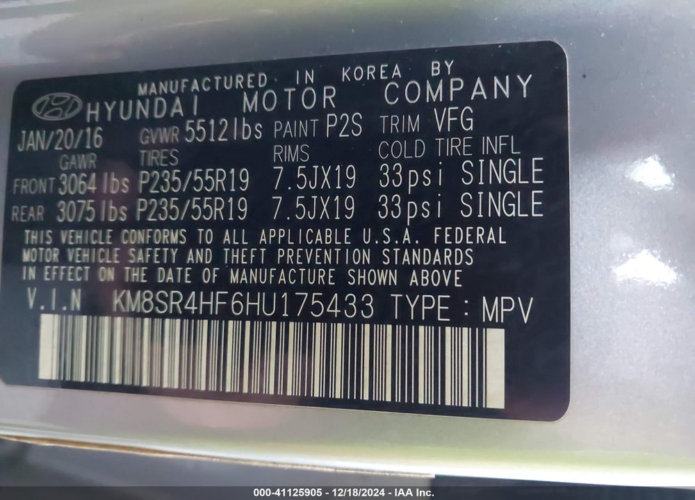 2017 HYUNDAI SANTA FE LIMITED ULTIMATE VIN: KM8SR4HF6HU175433