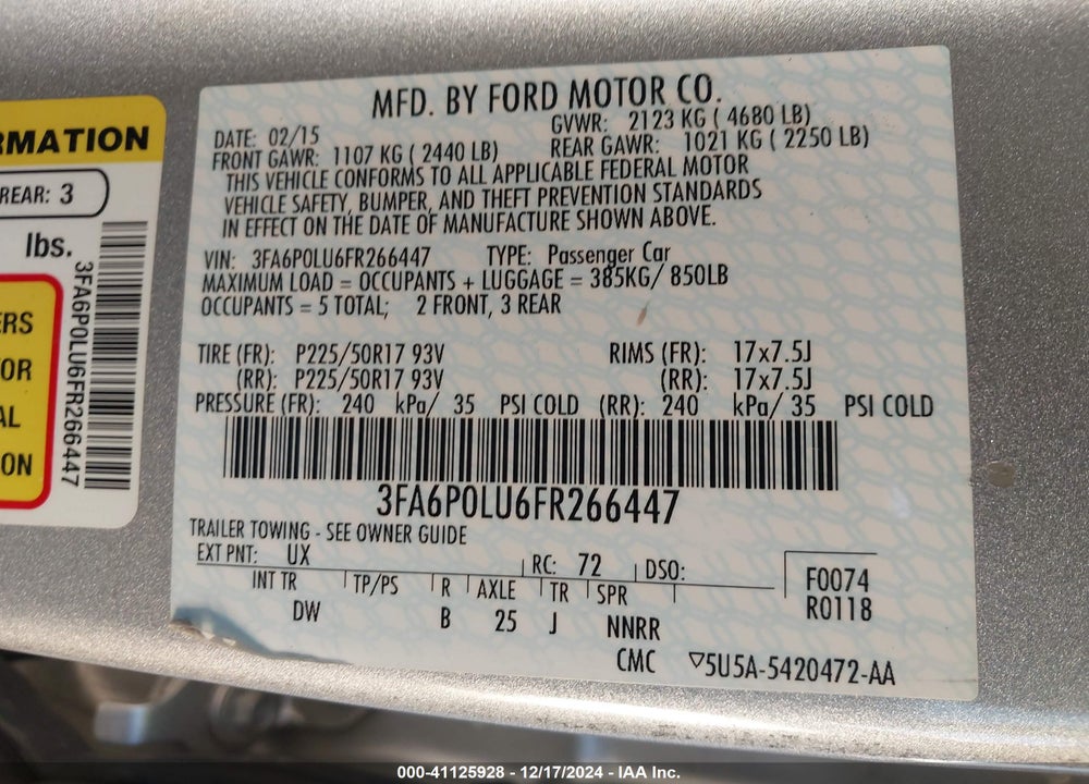 2015 FORD FUSION HYBRID SE VIN: 3FA6P0LU6FR266447
