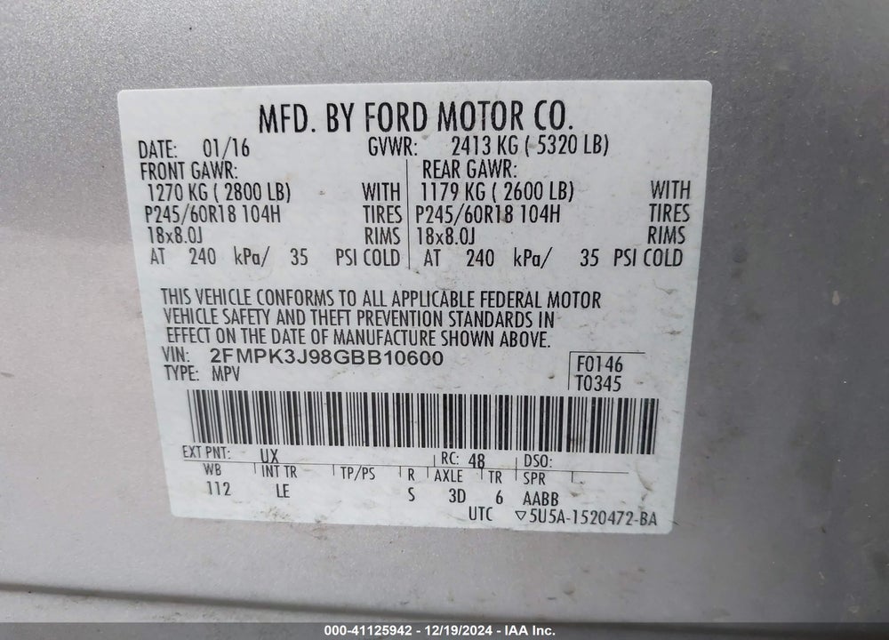 2016 FORD EDGE SEL VIN: 2FMPK3J98GBB10600