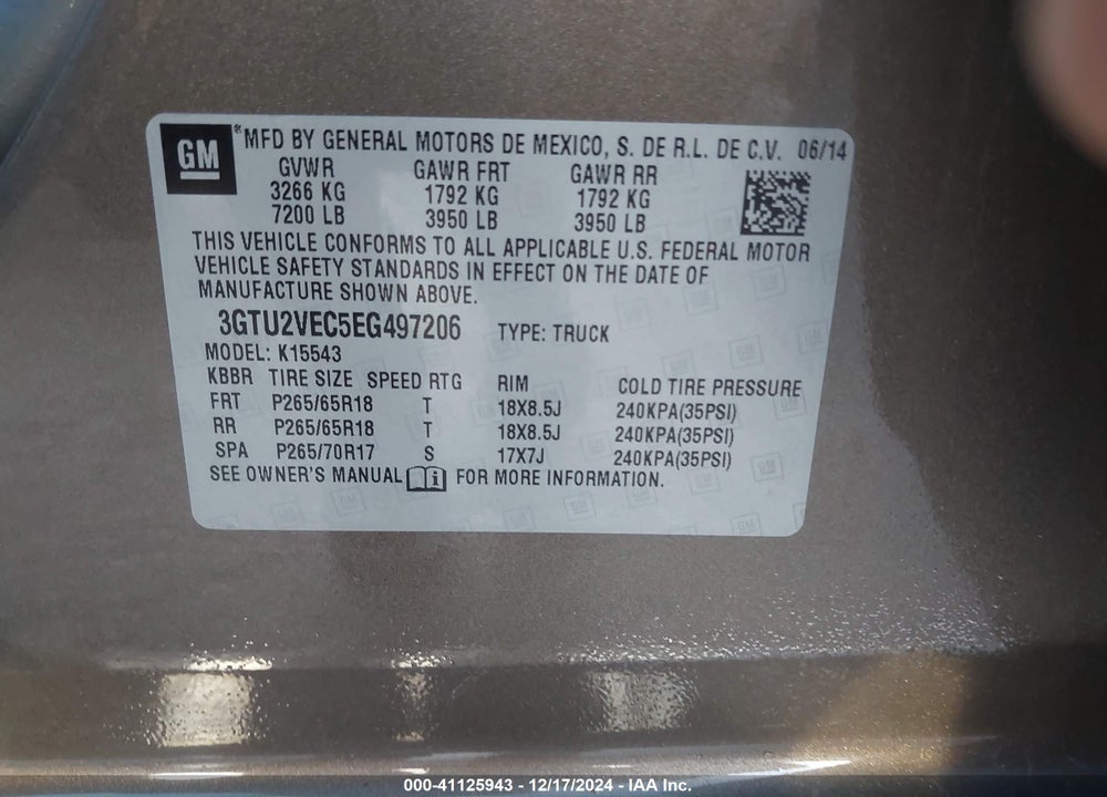 2014 GMC SIERRA 1500 SLT VIN: 3GTU2VEC5EG497206