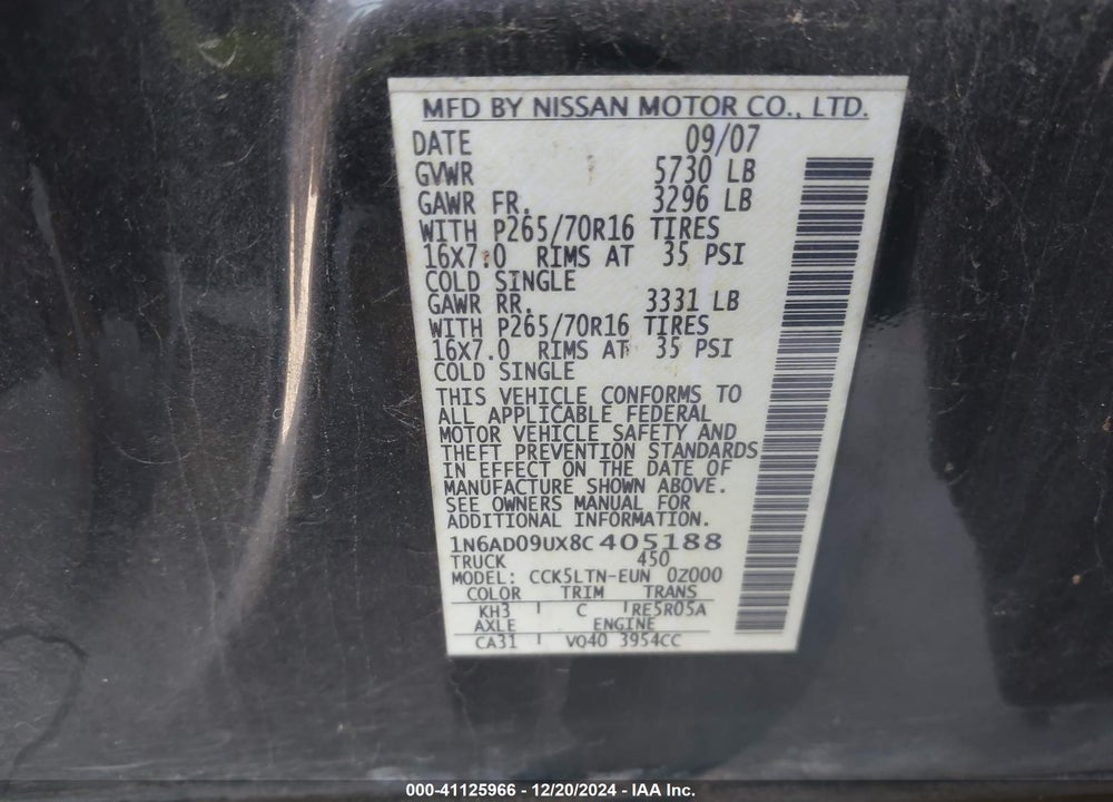 2008 NISSAN FRONTIER VIN: 1N6AD09UX8C405188