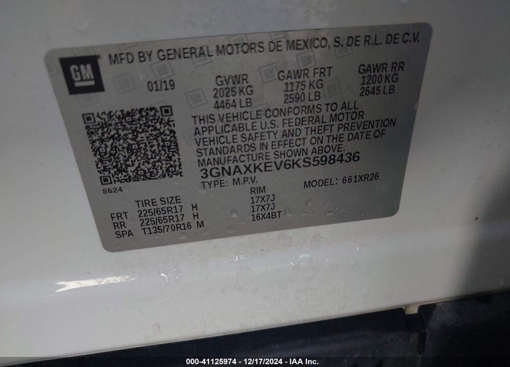 2019 CHEVROLET EQUINOX LT VIN: 3GNAXKEV6KS598436