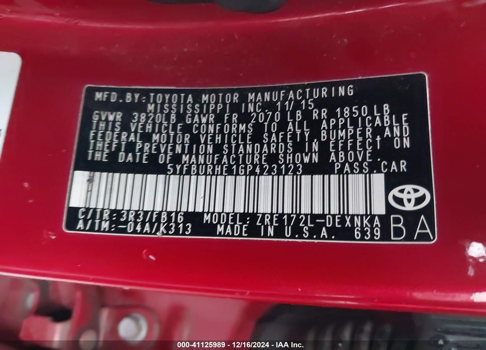 2016 TOYOTA COROLLA VIN: 5YFBURHE1GP423123