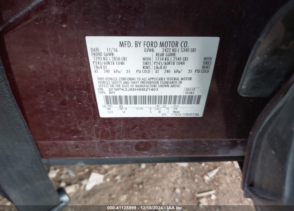 2017 FORD EDGE SEL VIN: 2FMPK3J85HBB21403