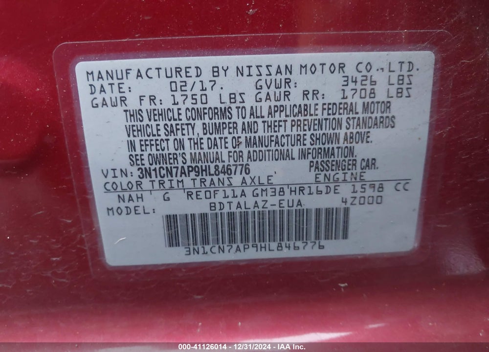 2017 NISSAN VERSA 1.6 S+ VIN: 3N1CN7AP9HL846776