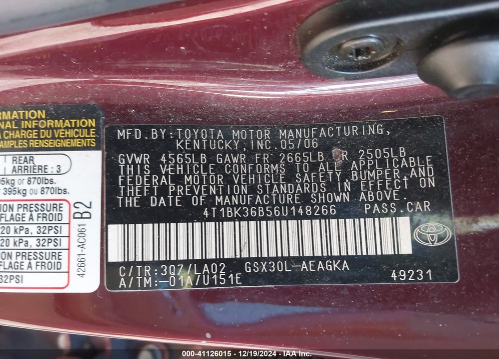 2006 TOYOTA AVALON XLS VIN: 4T1BK36B56U148266