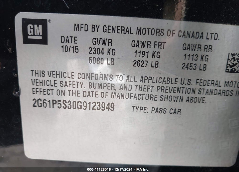 2016 CADILLAC XTS VIN: 2G61P5S30G9123949