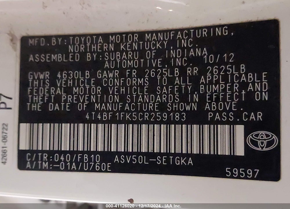 2012 TOYOTA CAMRY XLE VIN: 4T4BF1FK5CR259183
