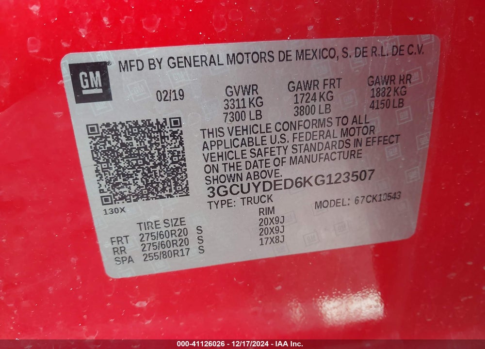 2019 CHEVROLET SILVERADO 1500 LT VIN: 3GCUYDED6KG123507