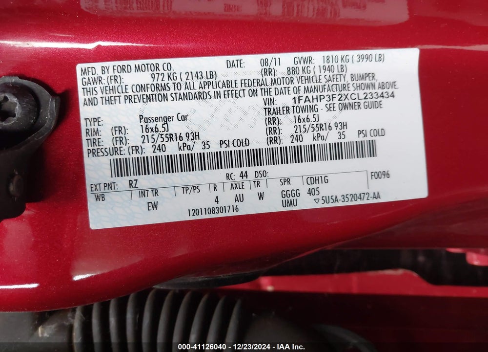 2012 FORD FOCUS VIN: 1FAHP3F2XCL233434