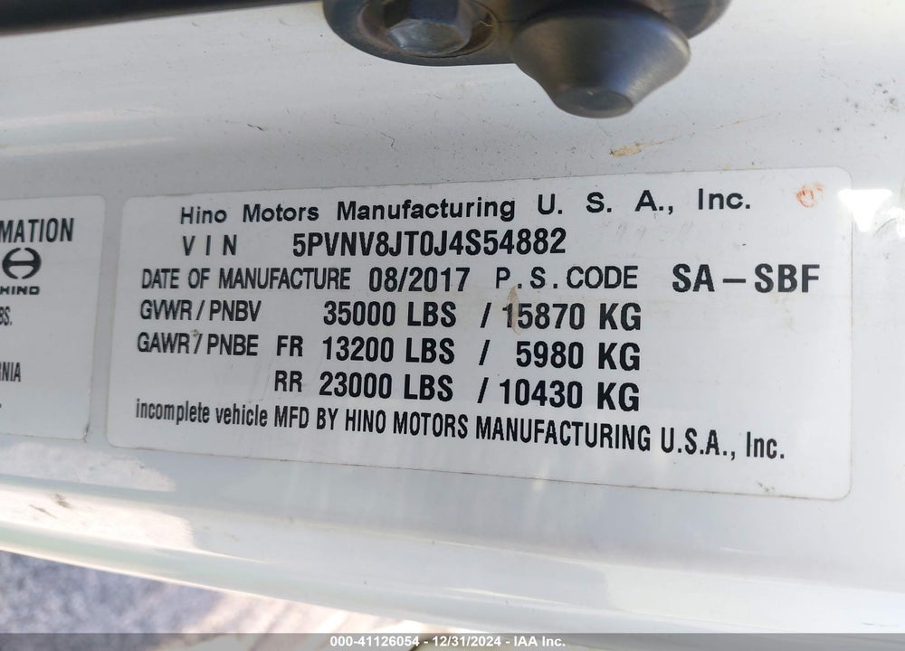 2018 HINO 268/338 VIN: 5PVNV8JT0J4S54882