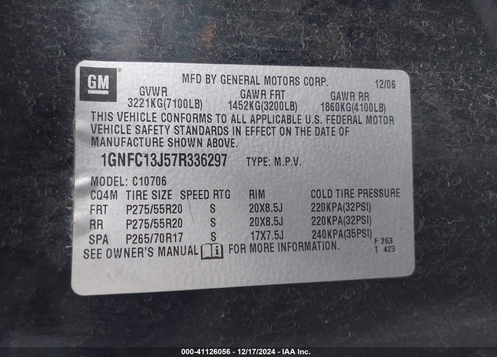 2007 CHEVROLET TAHOE LTZ VIN: 1GNFC13J57R336297
