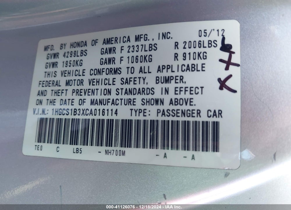 2012 HONDA ACCORD 2.4 LX-S VIN: 1HGCS1B3XCA016114