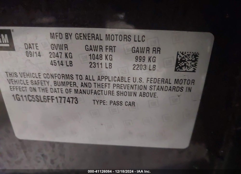 2015 CHEVROLET MALIBU 1LT VIN: 1G11C5SL6FF177473