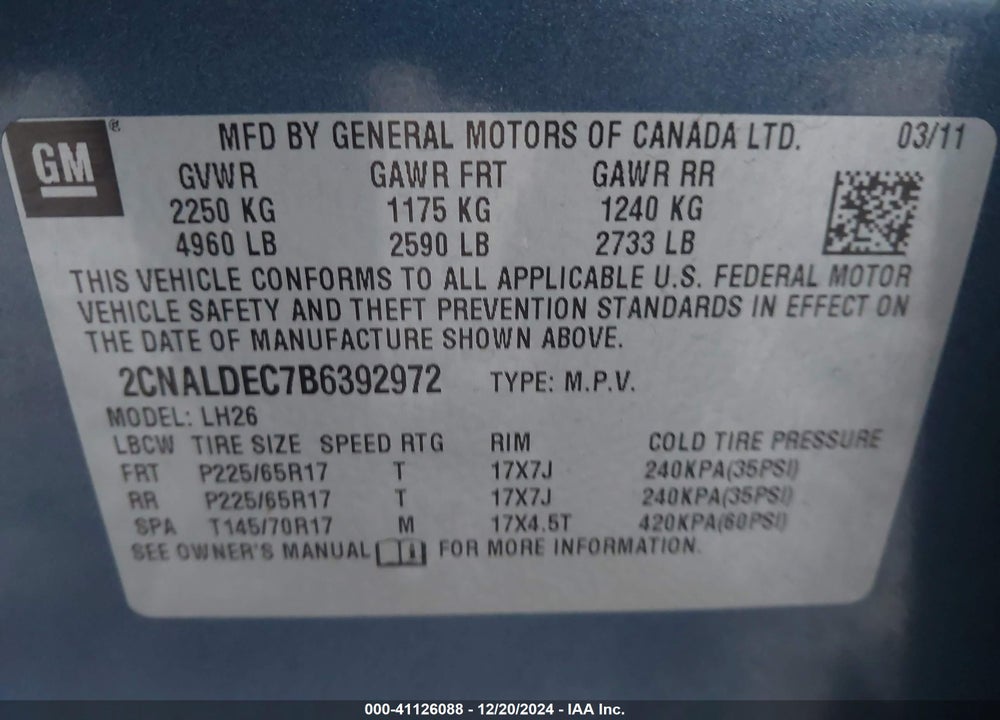 2011 CHEVROLET EQUINOX 1LT VIN: 2CNALDEC7B6392972