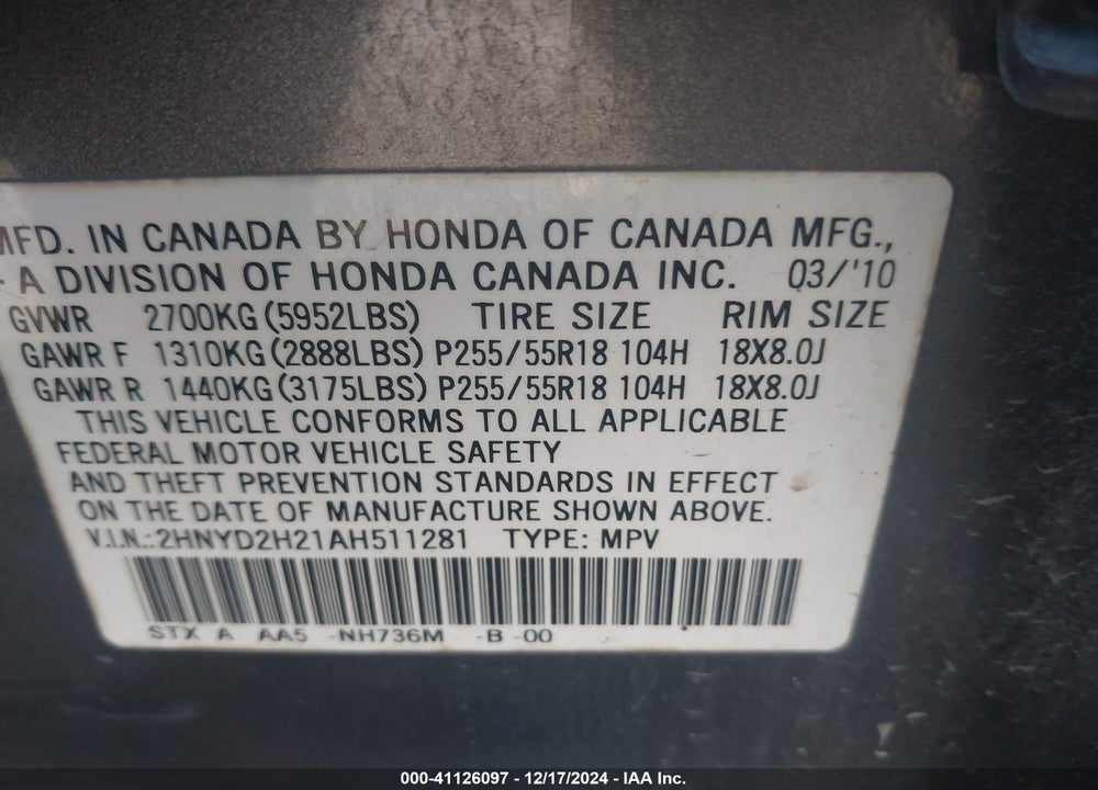2010 ACURA MDX VIN: 2HNYD2H21AH511281
