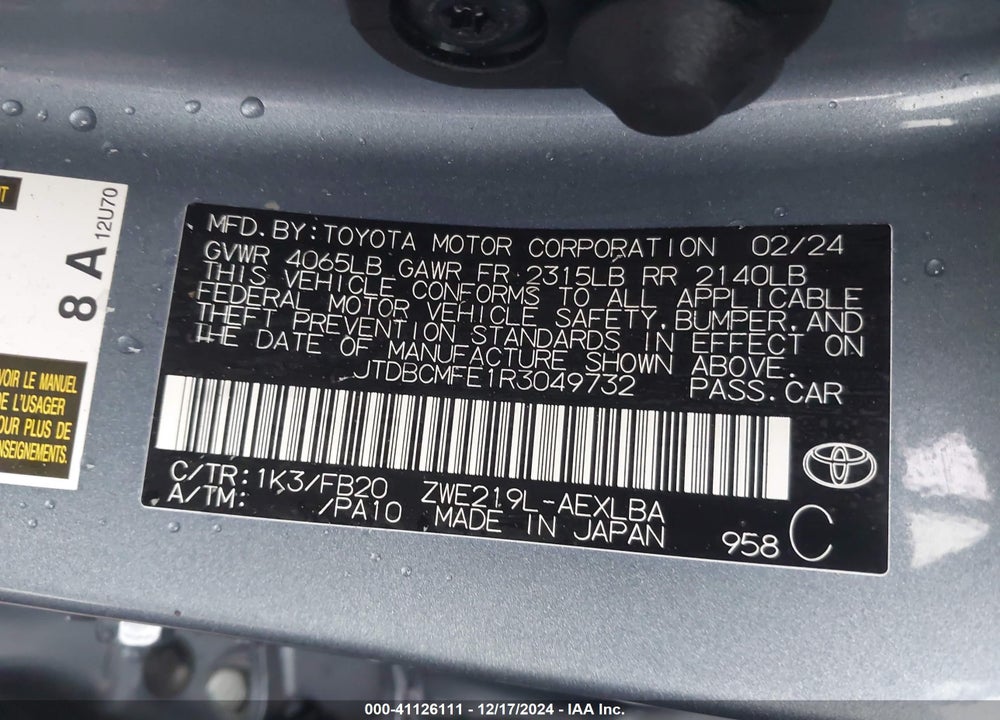 2024 TOYOTA COROLLA HYBRID LE VIN: JTDBCMFE1R3049732