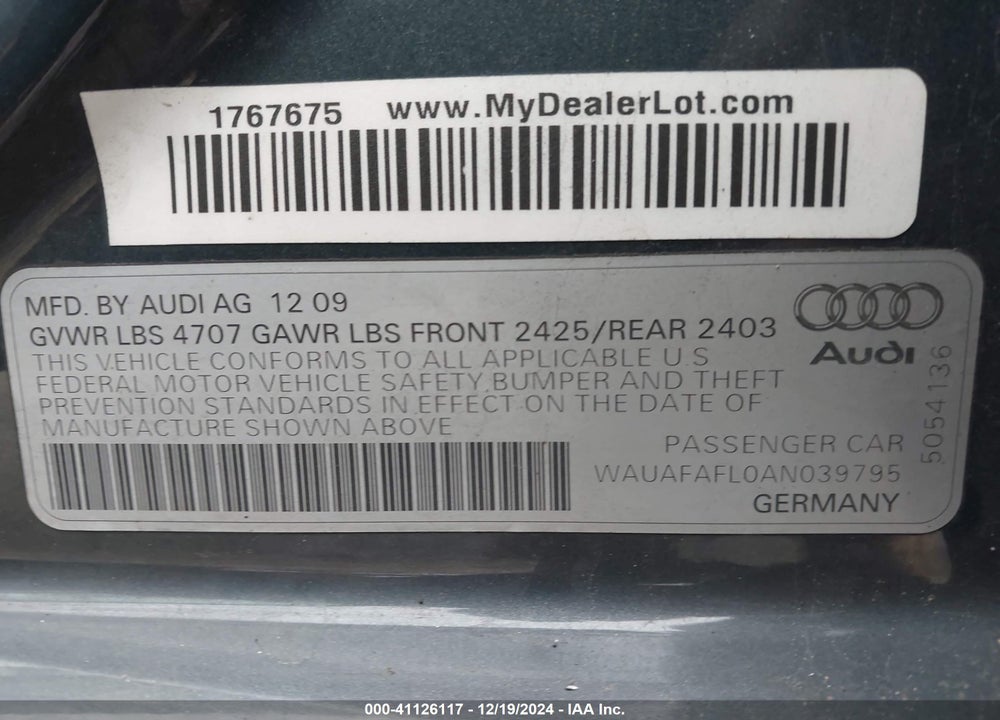 2010 AUDI A4 2.0T PREMIUM VIN: WAUAFAFL0AN039795