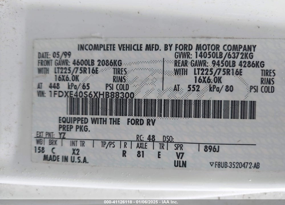 2000 FORD ECONOLINE DUTCHMAN E450 SUPER DUTY CUTWY  RV VIN: 1FDXE40S6XHB88300