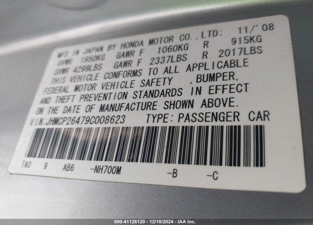 2009 HONDA ACCORD 2.4 LX-P VIN: JHMCP26479C008623