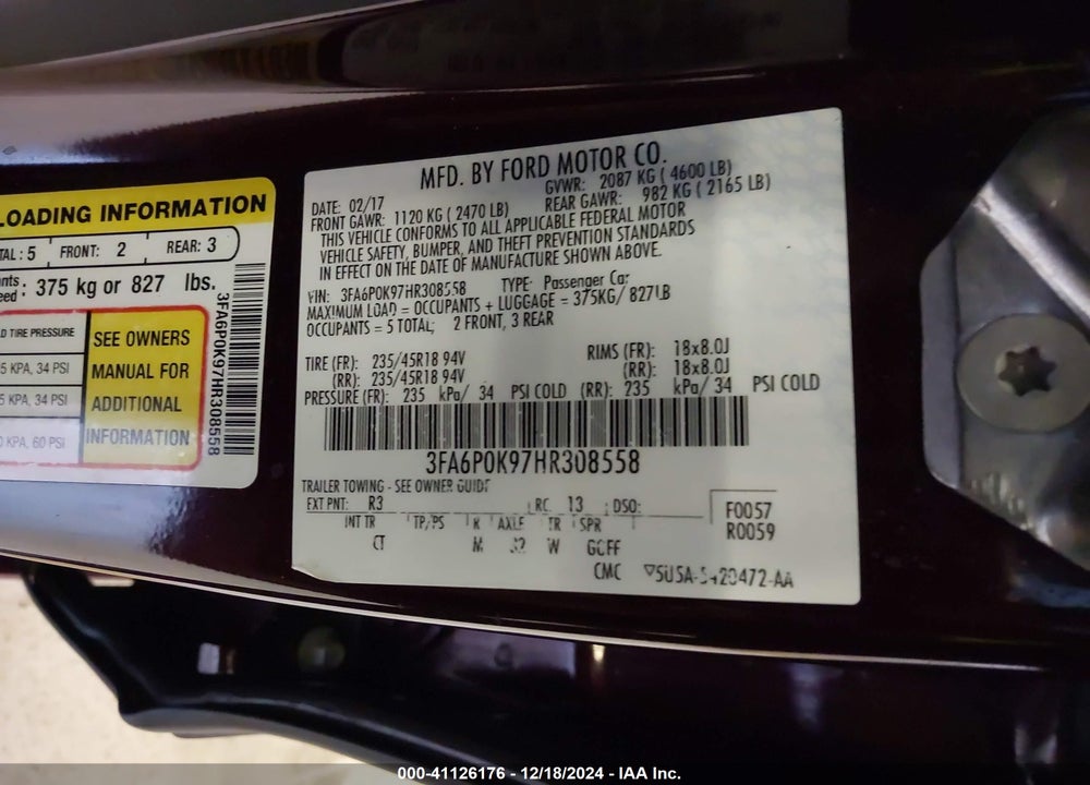 2017 FORD FUSION TITANIUM VIN: 3FA6P0K97HR308558