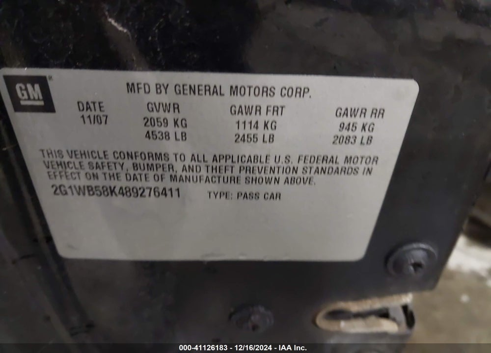 2008 CHEVROLET IMPALA LS VIN: 2G1WB58K489276411