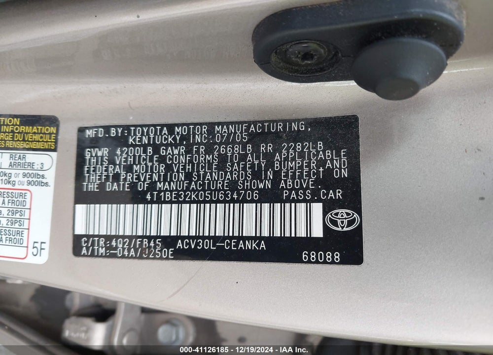 2005 TOYOTA CAMRY LE VIN: 4T1BE32K05U634706