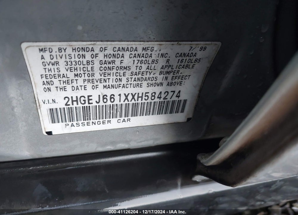 1999 HONDA CIVIC VALUE PACKAGE VIN: 2HGEJ661XXH584274