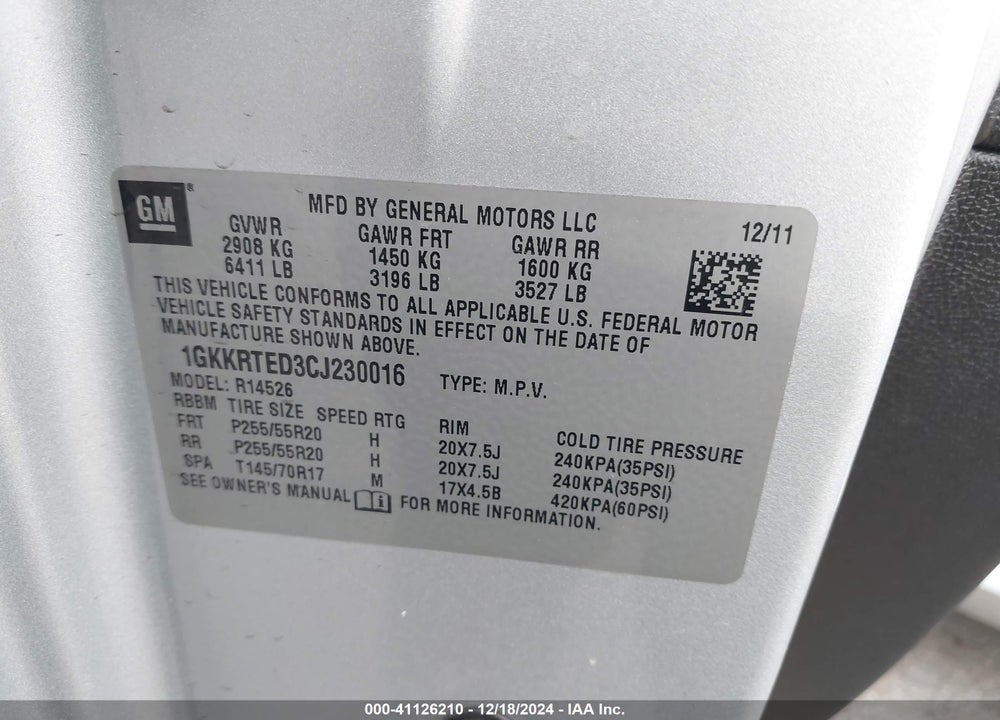 2012 GMC ACADIA DENALI VIN: 1GKKRTED3CJ230016