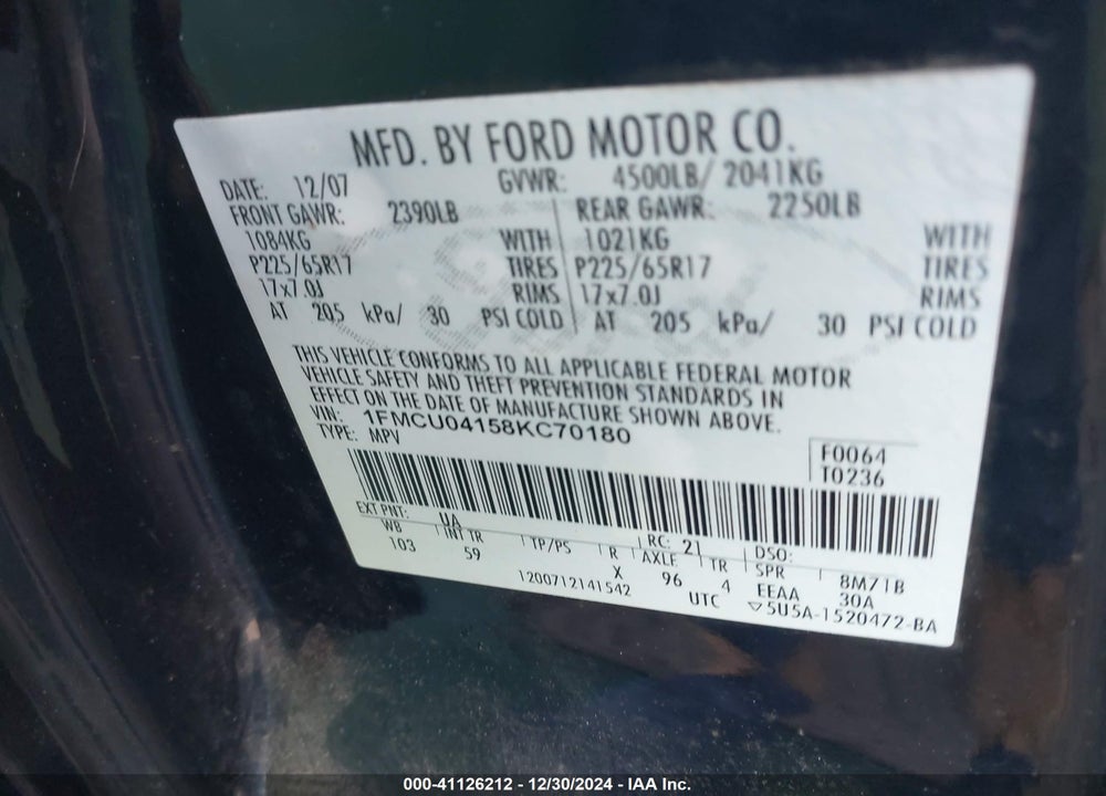 2008 FORD ESCAPE LIMITED VIN: 1FMCU04158KC70180