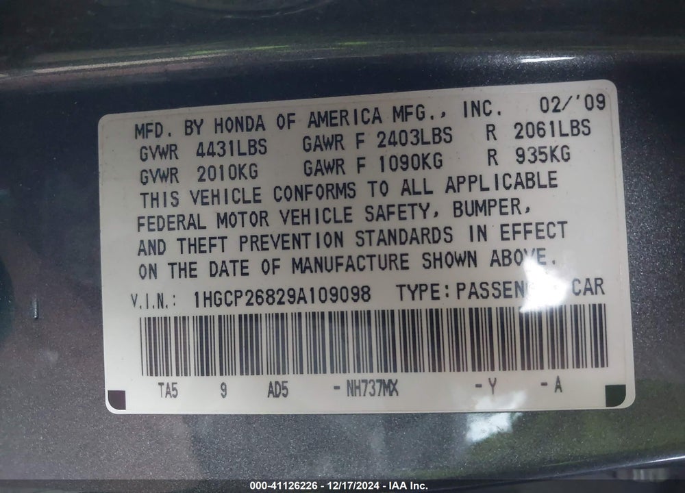 2009 HONDA ACCORD 2.4 EX-L VIN: 1HGCP26829A109098