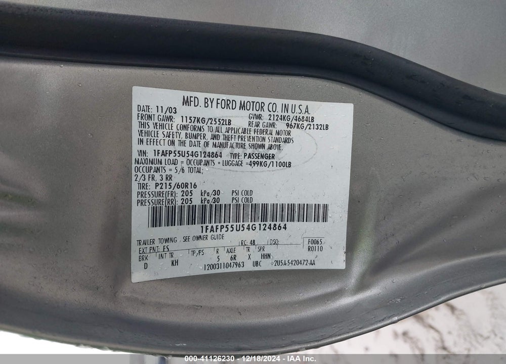2004 FORD TAURUS SES VIN: 1FAFP55U54G124864