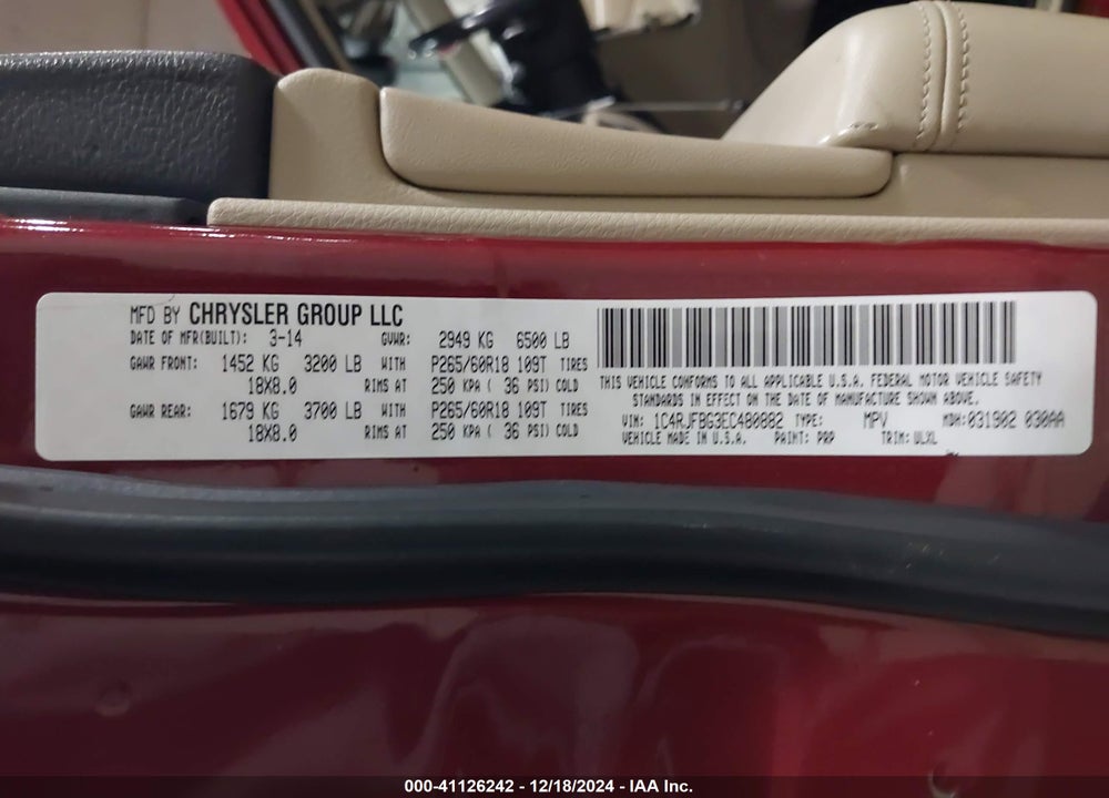 2014 JEEP GRAND CHEROKEE LIMITED VIN: 1C4RJFBG3EC480882