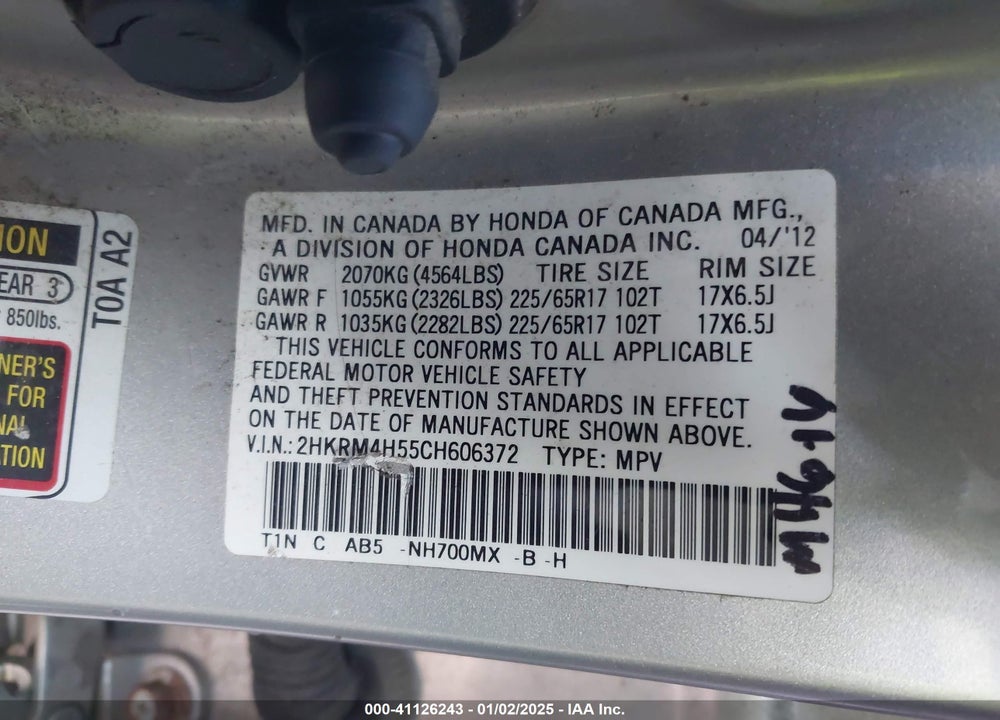 2012 HONDA CR-V EX VIN: 2HKRM4H55CH606372