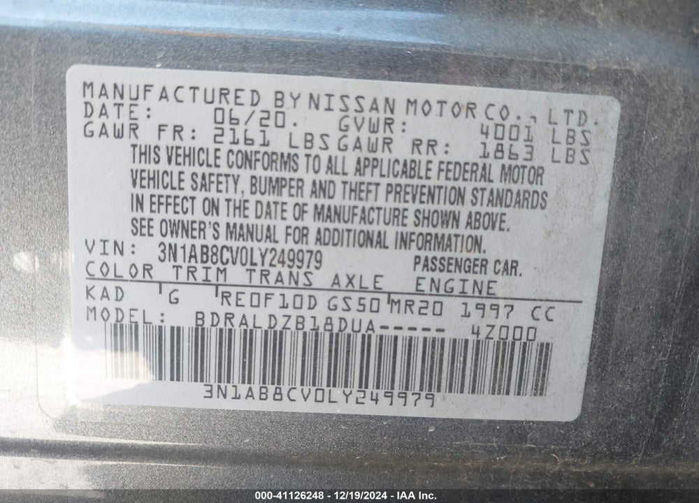 2020 NISSAN SENTRA VIN: 3N1AB8CV0LY249979