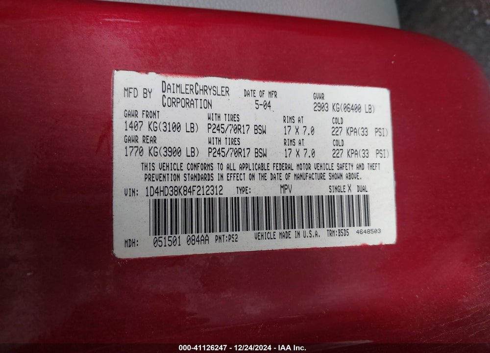 2004 DODGE DURANGO ST VIN: 1D4HD38K84F212312