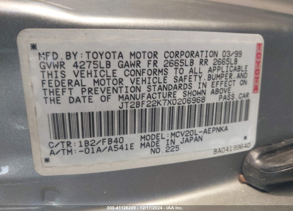 1999 TOYOTA CAMRY LE V6 VIN: JT2BF22K7X0206968