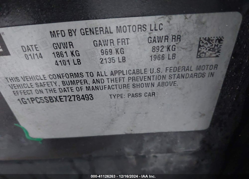 2014 CHEVROLET CRUZE VIN: 1G1PC5SBXE7278493
