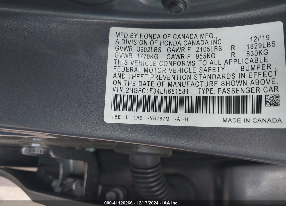 2020 HONDA CIVIC VIN: 2HGFC1F34LH681581