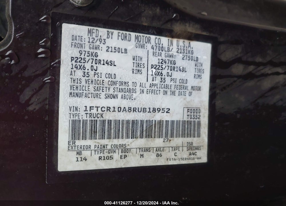 1994 FORD RANGER VIN: 1FTCR10A8RUB18952