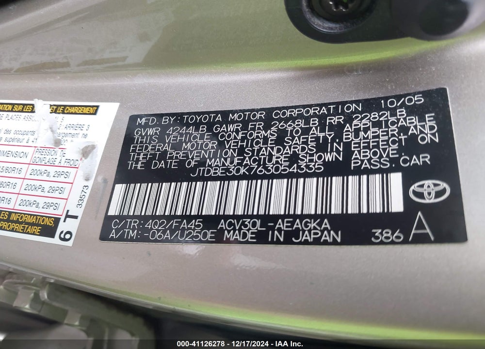 2006 TOYOTA CAMRY VIN: JTDBE30K763054335