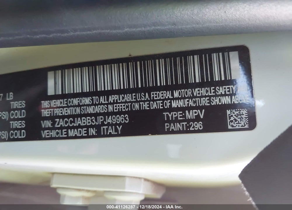 2018 JEEP RENEGADE ALTITUDE FWD VIN: ZACCJABB3JPJ49963