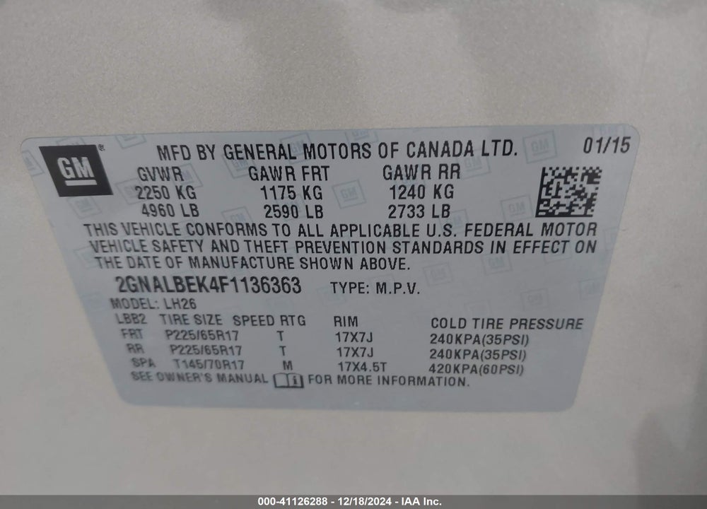 2015 CHEVROLET EQUINOX 1LT VIN: 2GNALBEK4F1136363