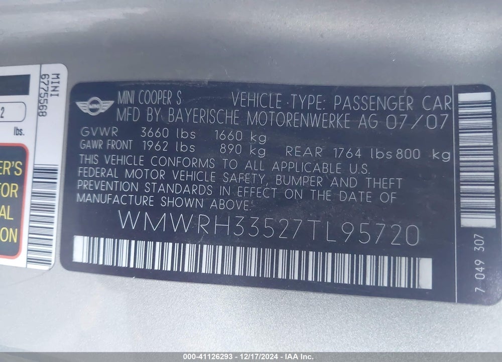 2007 MINI COOPER S VIN: WMWRH33527TL95720