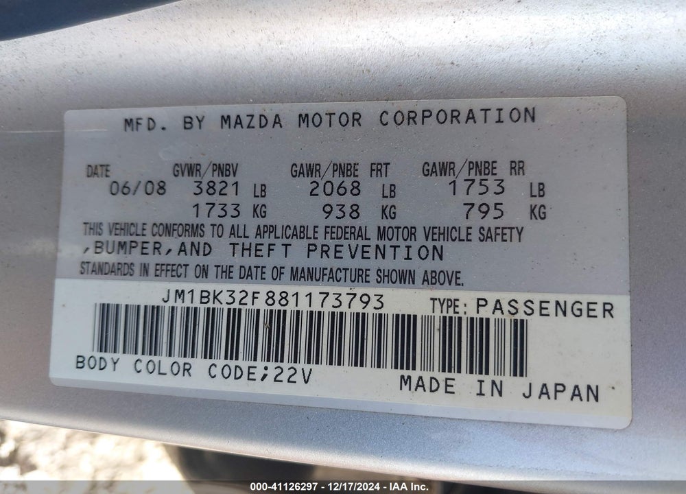 2008 MAZDA 3 I TOURING VALUE VIN: JM1BK32F881173793