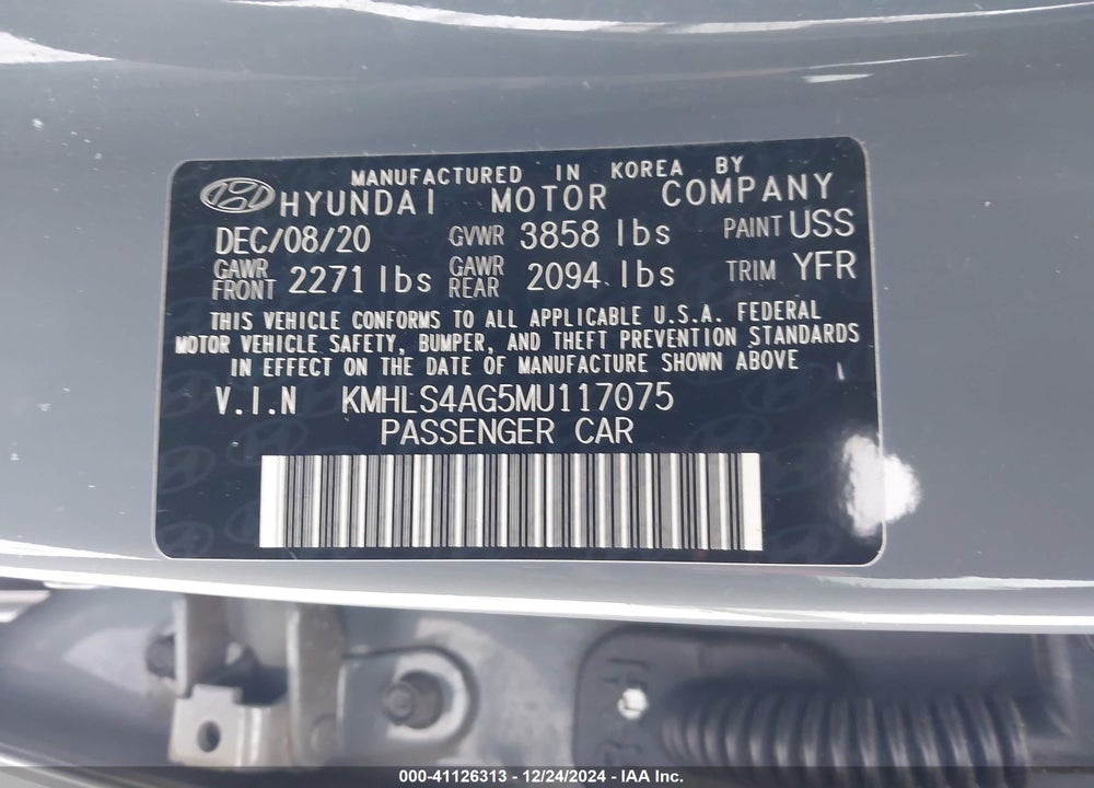 2021 HYUNDAI ELANTRA SEL VIN: KMHLS4AG5MU117075