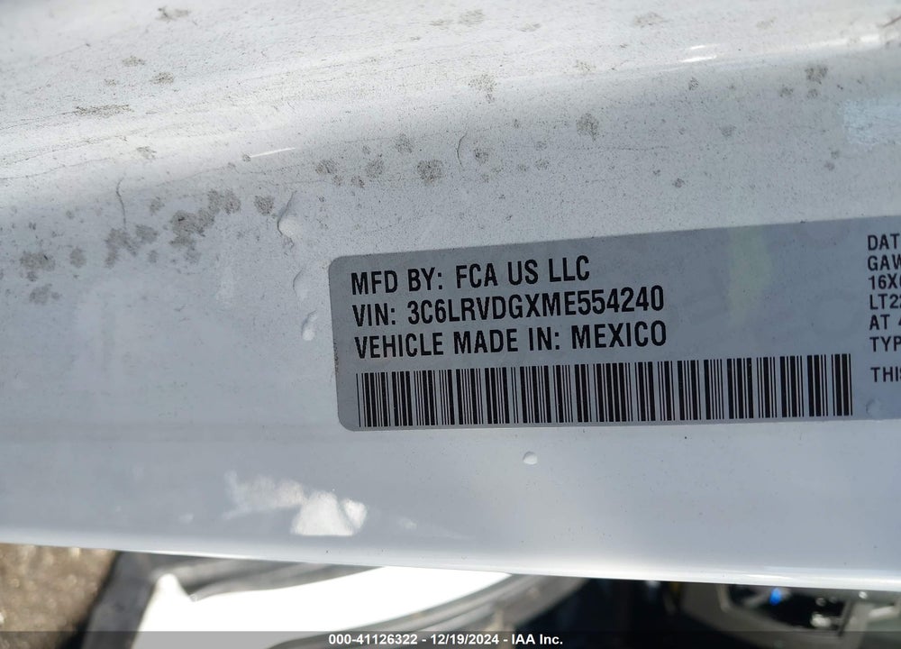 2021 RAM PROMASTER 2500 HIGH ROOF 159 WB VIN: 3C6LRVDGXME554240