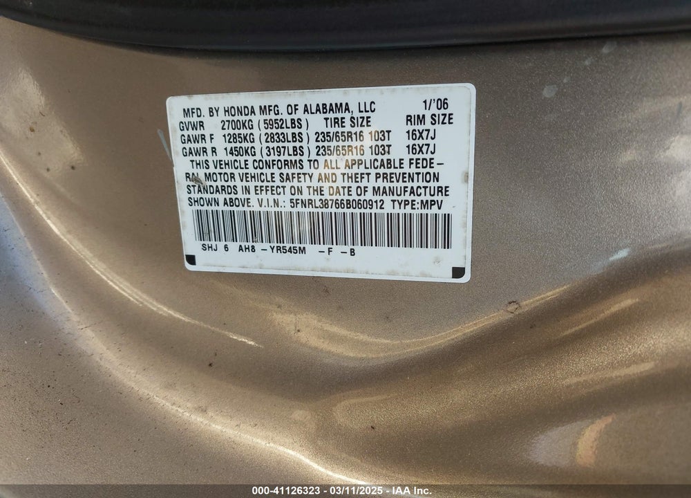 2006 HONDA ODYSSEY VIN: 5FNRL38766B060912