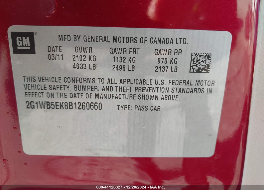 2011 CHEVROLET IMPALA LT VIN: 2G1WB5EK8B1260660